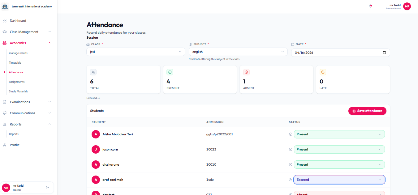 Attendance — TermResult screenshot