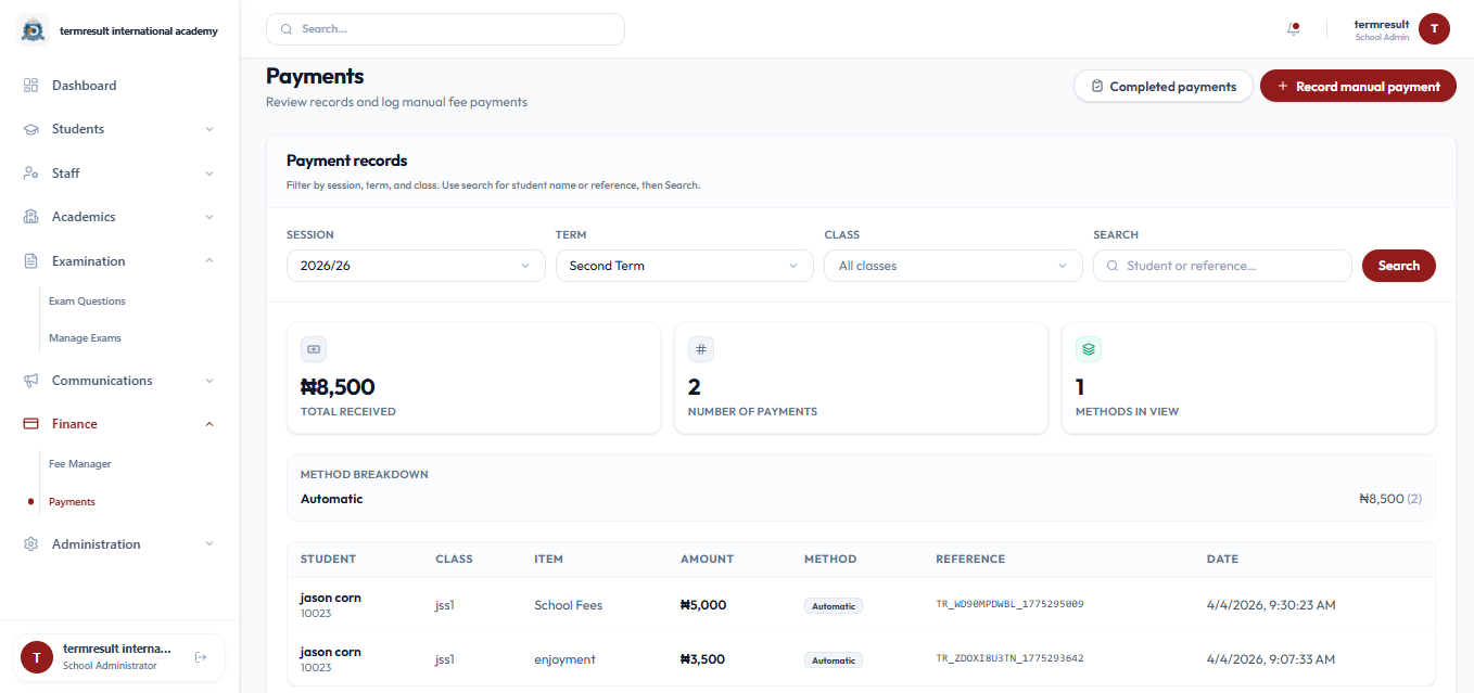 Fee management — TermResult screenshot
