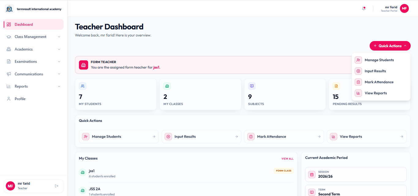 Teacher Portal — TermResult screenshot